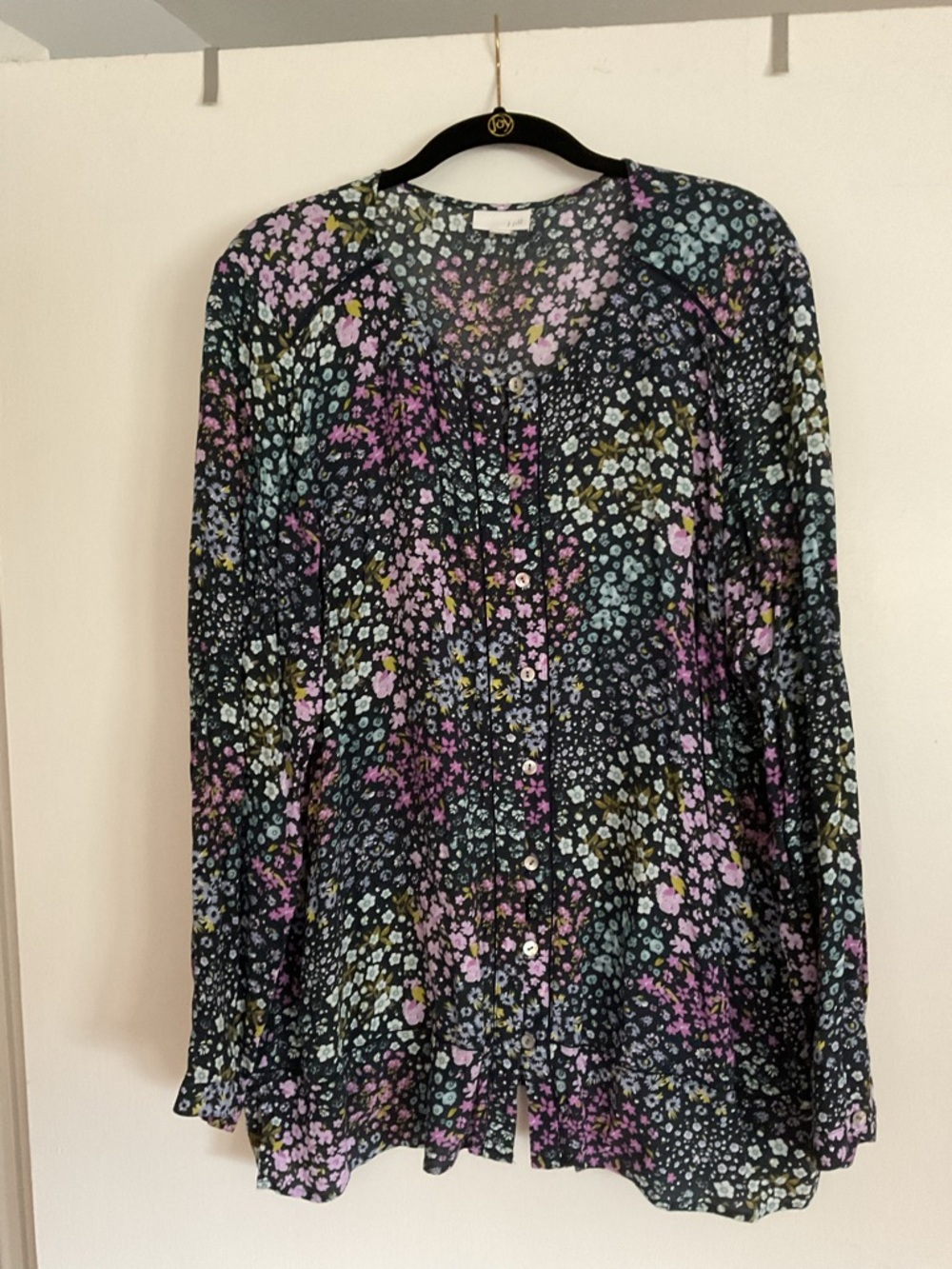 Floral Button-Front Blouse - Navy with Pink & Teal Floral